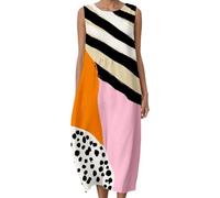 Robe midi artistique aérée pour femme - Bretelles spaghetti - Ourlet asymétrique - Robe d'été abstraite avant-garde - Mélange de motifs - Bloc de couleurs - Robe fourreau d'été pour ouverture de