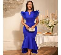 Robe midi bleue sexy à volants et manches courtes, ourlet en queue de poisson. Article essentiel pour la rentrée, les fêtes, l'automne et les mariages L,M,S,XL,XXLTissu tricoté