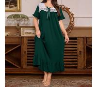 Robe midi confortable et décontractée de style rétro romantique de palais français, en tissu tricoté doux avec patchwork en dentelle blanche et nœud papillon vert foncé pour femmes grandes tailles 0XL