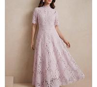 Robe midi courte à manches courtes pour femme, style palais rétro élégant, dentelle ajourée, rose fée, pour vacances et rendez-vous, printemps/été, petite taille Petite XXS,Petite XS,Petite S,Petite M