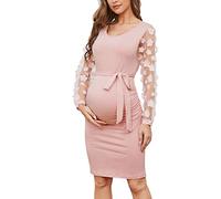 Robe midi de maternité à manches longues en tulle floral, robe moulante de maternité pour l'automne, idéale pour une baby shower ou une séance photo, rose, Taille L