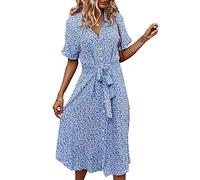 Robe midi d'été boutonnée à manches courtes pour femme - Col en V floral à revers et volants - Robe chemise ample style bohème, disponible en S, M, L, XL, jaune, rouge, noir, bleu, Z-Bleu ciel, L