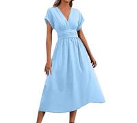 Robe midi élégante à manches courtes pour femme - Couleur unie - Col en V - Lignes A - Plissée - Robe d'été - Taille haute - Robe décontractée, bleu ciel, L