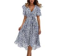 Robe midi élégante à manches courtes pour femme - Robe portefeuille avec ceinture - Style bohème - Col en V - Robe d'été en mousseline de soie, blanc/bleu, S