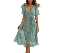 Robe midi élégante à manches courtes pour femme - Robe portefeuille avec ceinture - Style bohème - Col en V - Robe d'été en mousseline de soie, vert, M