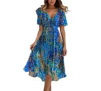Robe midi élégante à manches courtes pour femme - Robe portefeuille avec ceinture - Style bohème - Col en V - Robe d'été en mousseline de soie, bleu, S