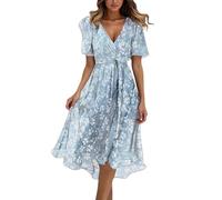 Robe midi élégante à manches courtes pour femme - Robe portefeuille avec ceinture - Style bohème - Col en V - Robe d'été en mousseline de soie, bleu clair, XL