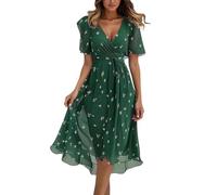 Robe midi élégante à manches courtes pour femme - Robe portefeuille avec ceinture - Style bohème - Col en V - Robe d'été en mousseline de soie, vert foncé, L