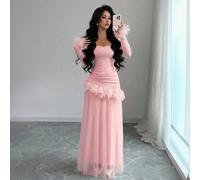 Robe midi élégante à manches longues, style français romantique, avec garniture en dentelle florale ajustée, best-seller pour femmes L,M,S,XLÉtoffe