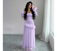Robe midi élégante à manches longues, style français romantique, avec garniture en dentelle florale ajustée, best-seller pour femmes L,M,S,XLUnicoloreÉtoffe