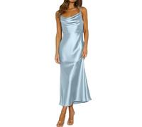 Robe midi élégante avec bretelles spaghetti en satin - Col en cascade - Dos nu - Robe midi élégante avec fronces à l'arrière - Corsage de mariée, bleu clair, S