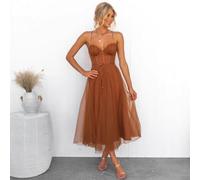 Robe midi élégante et fluide pour femme, à bretelles spaghetti, style corset, en tulle, légère, polyvalente, tendance, pour rendez-vous, invitées de mariage ou tenue quotidienne Rose