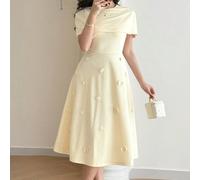 Robe midi élégante pour femme avec capelet à applique florale jaune beurre, coupe évasée A-line, look pour invitée de mariage et tea-party, blanc crème, été, élégant, rendez-vous L,M,S,XL,XS,XXL,XXS,X