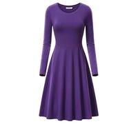 Robe midi élégante pour femme - Robe vintage décontractée à manches longues coupe trapèze coupe ample col rond couleur unie taille empire robe t-shirt pour l'automne et l'hiver fête bureau au
