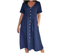 Robe midi en coton et lin pour femme, avec boutons, col en V, manches avec poignets, style décontracté, pour l'été, avec plis sur le devant et poches, grandes tailles S-5XL Offres Mes commandes, bleu