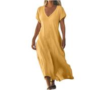 Robe midi en coton et lin pour femme, robe trapèze à col en V profond, robe d'été à manches courtes, robe d'été à motif floral, robe d'été légère