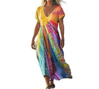 Robe midi en coton et lin pour femme, robe trapèze à col en V profond, robe d'été à manches courtes, robe d'été à motif floral, robe d'été légère