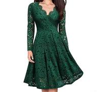 Robe midi en dentelle florale avec col en V pour femmes, pour invitées de mariage, événements formels, cocktail, fête, swing à manches longues, robe de printemps et d'hiver (XXL vert)
