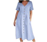 Robe midi en lin de coton pour femmes, robe à manches à revers avec col en V et boutons, robes d'été décontractées avec devant plissé et design de poche, grandes tailles S-5XL - Mes commandes, bleu