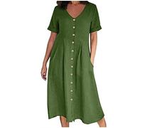 Robe midi en lin de coton pour femmes, robe à manches à revers avec col en V et boutons, robes d'été décontractées avec devant plissé et design de poche, grandes tailles S-5XL - Mes commandes, Vert, L