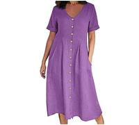 Robe midi en lin et coton pour femme, robe décontractée d'été à manches à revers et col en V avec devant plissé et design de poches, grandes tailles S-5XL - Mes commandes, violet, L