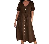 Robe midi en lin et coton pour femme, robe décontractée d'été à manches à revers et col en V avec devant plissé et design de poches, grandes tailles S-5XL - Mes commandes, café, L