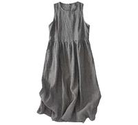 Robe midi féminine sans manches motif carreaux mini vichy taille froncée jupe ample fluide en lin naturel robe casual confortable idéale pour balade shopping et déplacement décontracté toute l année