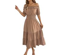 Robe Midi Femme Épaules Dénudées Col Bardot à Volant avec Lien à Nouer Devant Taille Smockée Élastiquée Manches Courtes Bouffantes Jupe à Volants Étagés Vêtement Uni sans Motif