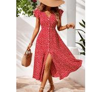 Robe midi florale pour femme, col en V, manches volantées, boutonnée, fendue vers le bas, robe d'été fluide pour plage, vacances, mariage, fête d'invitées