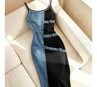 Robe midi grande taille style patchwork vintage américain à bretelles asymétriques, nouveau style très vendu, style de rue décontracté pour le port quotidien, les courses, les rendez-vous, robe de str