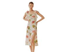 Robe midi imprimée florale, col carré, ouverture latérale, bretelles nouées à l'épaule, blanc avec roses roses, Symbole du cœur, L