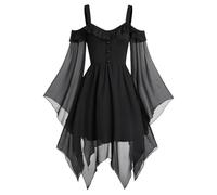 Robe midi médiévale pour femme - Manches chauve-souris - Gothique - Épaules dénudées - Robe de sorcière en maille avec ourlet irrégulier - Robe de vampire pour cosplay, fête, Halloween, carnaval