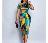 Robe midi moulante décontractée sexy au style "Old Money" en maille avec imprimé léopard et rose, épaules dénudées, manches courtes (fleur au hasard) L,M,S,XLPlantes,Tout Imprimé,Motif texturéÉtoffe