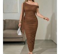 Robe midi moulante élégante marron à une épaule drapée asymétrique sexy pour soirée, mariage ou invité, pour morphologie en sablier, grande taille 0XL,1XL,2XL,3XL,4XL,5XLUnicoloreTissu tricoté