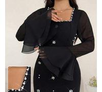 Robe midi noire à col carré avec perles et strass, manches cloche évasées transparentes, robe moulante formelle pour dîner d'affaires, mariage et fête de début d'automne 0XL,1XL,2XL,3XL,4XLUnicoloreÉt