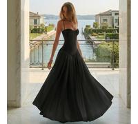 Robe midi plissée élégante et romantique, convenant pour des occasions décontractées, des rendez-vous, des vacances, des mariages en tant qu'invité. Noire d'été L,M,S,XSUnicoloreTissu tissé