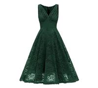 Robe midi plissée en Dentelle Rose pour Femme - Col en V - Taille Haute - sans Manches - Robe de soirée élégante - Vert - L