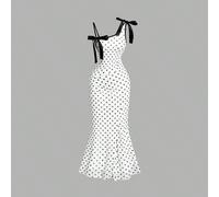 Robe midi pour femmes avec bretelles asymétriques, accent nœud, ourlet plissé en queue de poisson, motif à pois noir et blanc. Tenue de femme, robe de bal masqué, robes élégantes pour femmes L,M,S,XL,