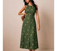 Robe midi sans manches à boutons devant, brodée de fleurs vintage, style cottage décontracté pour vacances, vert foncé, été, pour femmes L,M,S,XL,XS,XXL,XXS,XXXL,XXXXLPlantesTissu tissé