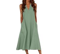 Robe midi sans Manches pour Femme, col en V, Robe d'été décontractée pour Les Vacances à la Plage, avec Poches et détail à la Taille, Verte, Taille S