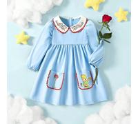 Robe mignonne avec motifs de fille jeune, de bandes dessinées et de roses, col Peter Pan, manches lanternes et poches 6Y,7Y,4Y,5YCartoon,PlantesÉtoffe