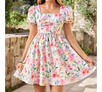 Robe mini à col carré à manches courtes imprimée tissée pour les vacances de printemps/été pour femmes L,M,S,XL,XS,XXL,XXS,XXXL,XXXXLFruits & légumesTissu tissé