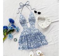 Robe mini à col en V profond, dos nu, nœud à la taille, ourlet volant avec imprimé floral bleu et blanc, convient pour les fêtes, les rendez-vous sexy, le thé de l'après-midi, la rue, les stations bal