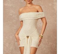 Robe mini à épaules dénudées, taille cintrée, volants, boucle métallique décorative et liens, pour le début du printemps. Robe de luxe pour femmes, idéale pour les fêtes de Nouvel An, les soirées, les