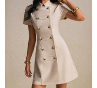 Robe mini à manches courtes pour femme, couleur unie, boutons métalliques, style Napoléon, élégante, rétro vintage des années 70, style britannique, gilet de travail de bureau, été, beige L,M,S,XL,XS,