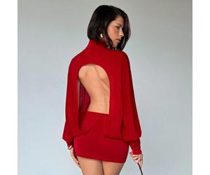 Robe mini à manches longues, col roulé, dos nu, en tissu pailleté, ultra-courte, pour femmes L,M,S,XL,XS,XXL,XXS,XXXL,XXXXLUnicoloreTissu tricoté