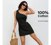 Robe mini à une épaule pour femmes 100% coton, confortable et respirante Petite XXS,Petite XS,Petite S,Petite M,Petite LTissu tissé