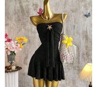 Robe mini à volants avec empiècement en jacquard marron, décor d'étoile de mer métallique, dos nu. Élégante, sexy, mignonne pour les vacances, casual, soirée, quotidien, rendez-vous, vintage, été L,M,