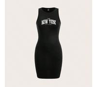 Robe mini ajustée à col rond sans manches avec imprimé lettre New York, style sexy et minimaliste, convient pour l'été L,M,S,XL,XS,XXL,XXSLettres,SloganTissu tricoté