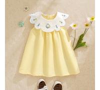 Robe mini ample et douce à col volant et broderie florale mignonne pour bébé fille, mode coréenne été 2025 6-9M,9-12M,12-18M,18-24M,2-3YPlantesPolyester